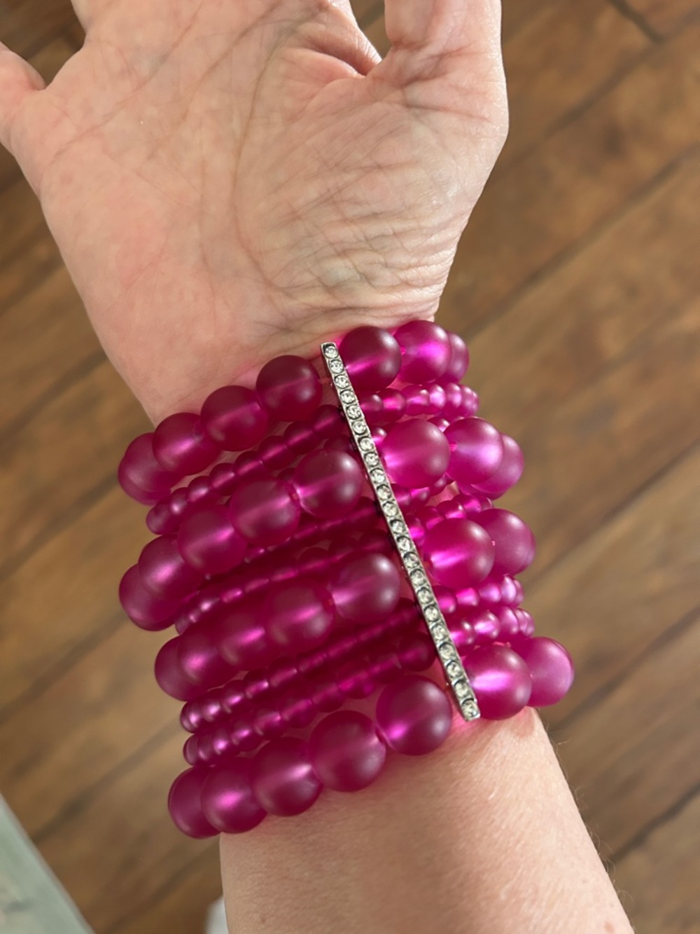 Stacked Beaded Stretch Bracelet with Crystal Bar fuchsia beads glass or stone ?